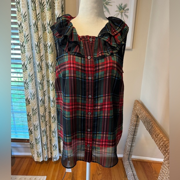 JCREW Plaid Holiday Top Sleeveless Ruffle Collar Black Stewart Tartan Cami Lined - Picture 2 of 8